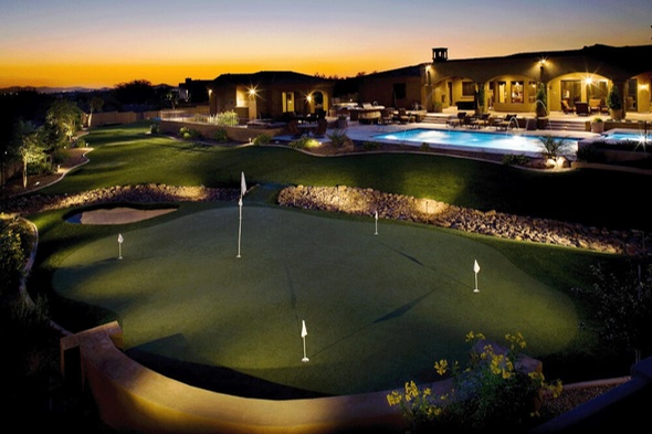 Southwest Greens Northern CA West artificial golf green with sand trap at luxury home